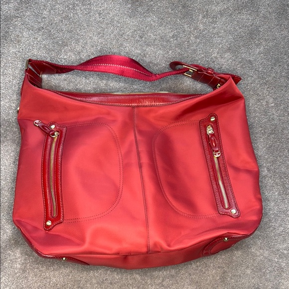 Tumi Large Red Leather Tote Bag Nylon Leather Trim EUC